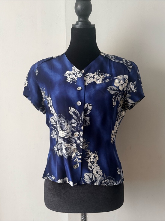 Pat Argenti Tops - Women's Navy Floral Silk Button-Front Blouse